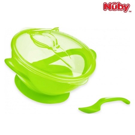 Reisitaldrik kaane- ja lusikaga Nûby Easy Go Suction Bowl roheline